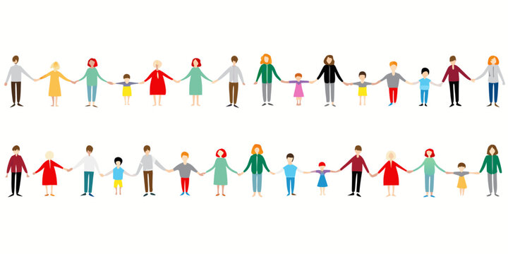 Diverse group of people holding hands in two rows representing unity