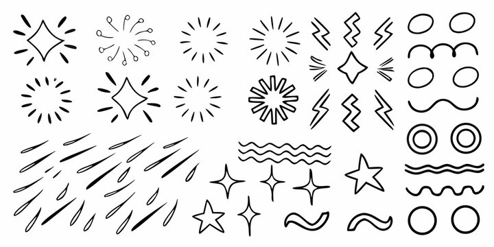 Collection of hand drawn starbursts sparkles and doodle elements