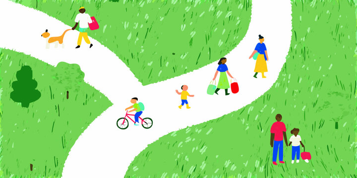 People walking and biking along a winding path in a green park