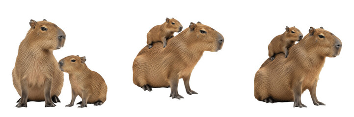 Obraz premium Majestic Capybara Hydrochoerus hydrochaeris and Cute Pup Isolated on White Background; Trio of South American Semi-Aquatic Wildlife Family Portraits for Nature Design and Graphics