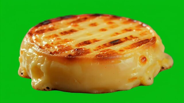 Golden Baked Provoleta Cheese Melting Deliciously Isolated on Green Screen Background for Food Commercials