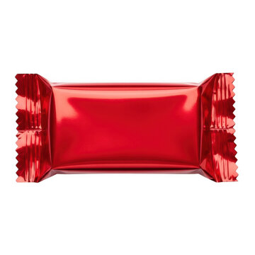 Shiny red metallic candy bar wrapper with crimped edges and a smooth rectangular center section