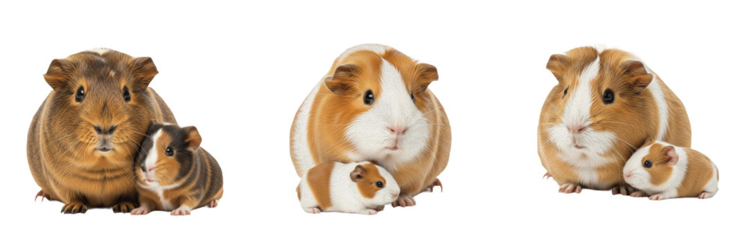 Majestic Guinea Pig Cavia porcellus and Cute Pup Isolated on White Background; Trio of Domestic Cavy Wildlife Family Portraits for Nature Design, Education and Graphics Material Assets