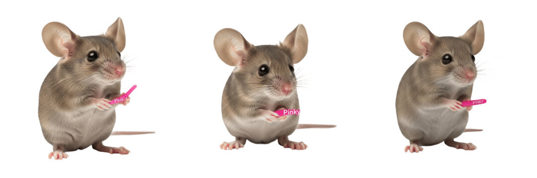 Majestic House Mouse Mus musculus Isolated on White Background; Trio of Small Rodent Portraits Holding Pink Accessory for Nature Design, Educational Material, and Wildlife Graphics