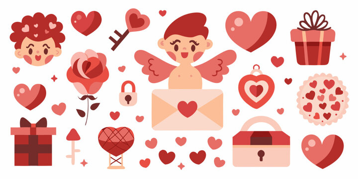 Colorful valentine s day themed illustrations with hearts and cherubic figures