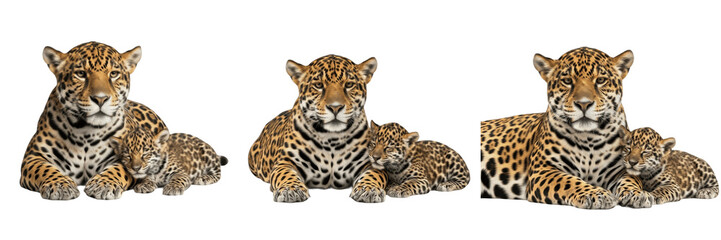 Majestic Jaguar Panthera onca and Cute Spotted Cub Isolated on White Background  Trio of South American Wildlife Family Portraits for Nature Design, Conservation and Forest Graphics © Freezan