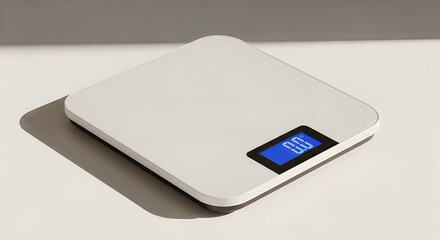 Fototapeta premium white digital kitchen scale with blue display on countertop