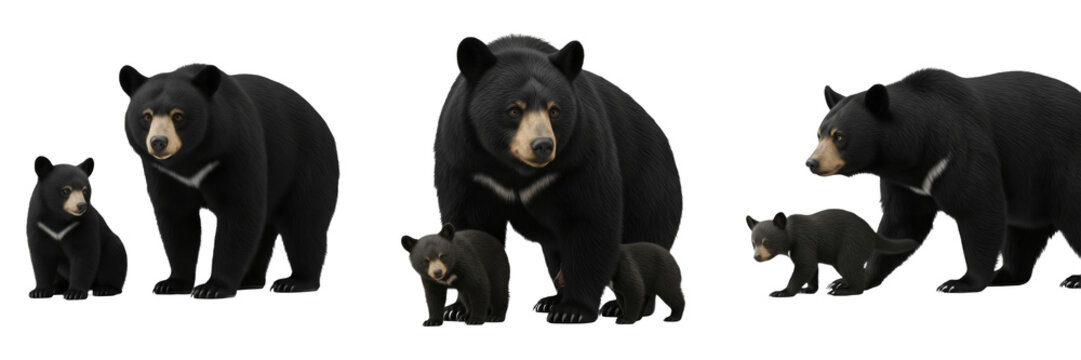 Large American Black Bear with Cute Cub Isolated on White Background; Trio of North American Wildlife Family Portraits for Nature Design, Educational Graphics, and Forest Imagery
