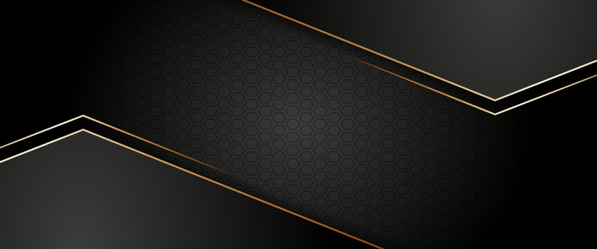 Luxury black geometric background with elegant gold lines and metallic chevron border frame over dark hexagonal texture. Modern corporate banner and premium graphic design with copy space.