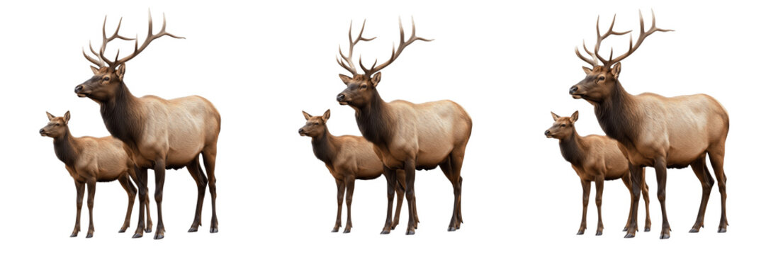 Majestic Bull Elk with Large Antlers and Cow Pair Isolated on White Background; North American Wapiti Wildlife Family Trio for Nature Photography, Hunting Decor, and Biology Design