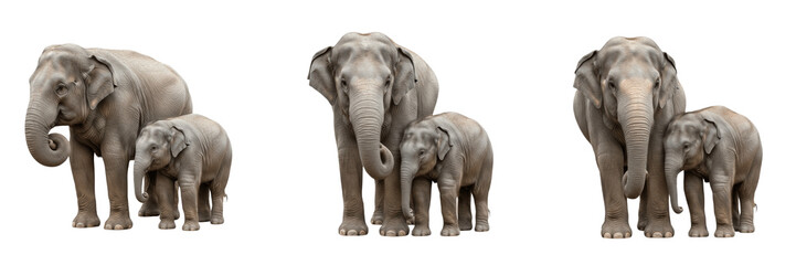 Obraz premium Asian Elephant Elephas Maximus and Cute Calf Set Isolated on White Background, Adult Mother Elephant with Small Baby Calf Collection, Wildlife Animal Family Standing Front View Pack