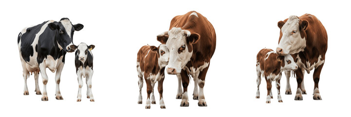 Domestic Cow Bos Taurus and Cute Calf Set Isolated on White Background, Adult Mother Cow with Small Baby Calf Collection, Farm Animal Livestock Family Standing Side View Profile Pack © Freezan