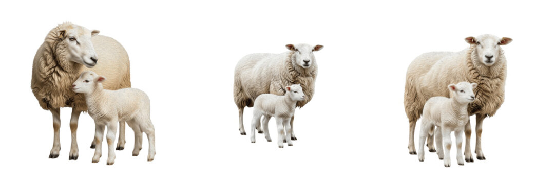 Domestic Sheep Ovis Aries and Cute Lamb Set Isolated on White Background, Adult Ewe with Small Baby Lamb Collection, Farm Animal Livestock Family Standing Side View Profile Set Pack