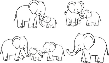 Cute elephant family line art set with mother and baby animals outline cartoon vector illustration collection © nice