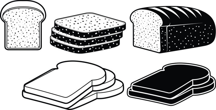 Various slices and loaves of bread shown from different angles as outlines and solid silhouettes