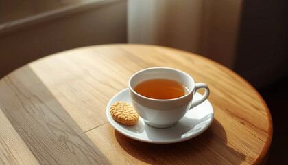 Obraz premium Minimal Tea Time Scene on Wooden Table