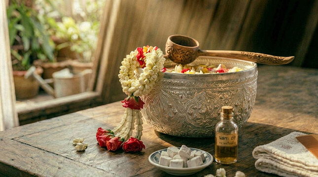 Traditional Thai Floral Water Bowl with Jasmine and Marigold &ndash; Songkran Festival Ritual Spa Still Life