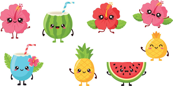 Cute tropical fruit and flower characters set with pineapple watermelon coconut hibiscus cartoon vector illustration collection