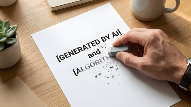Hand erasing text on document.