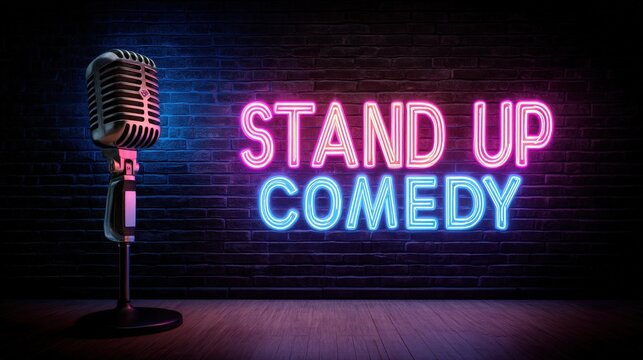 Stand up comedy night with microphone and neon sign