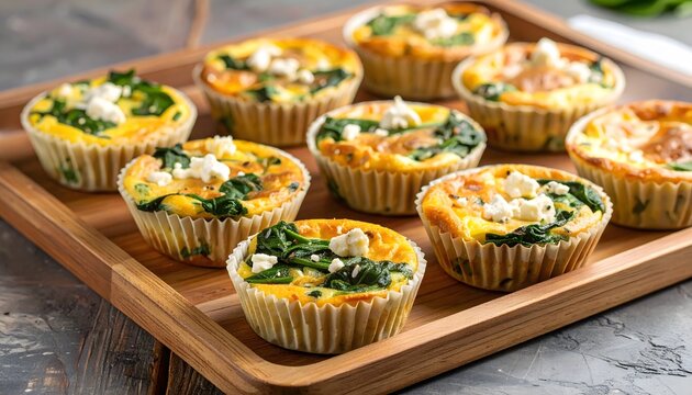 Delicious homemade spinach and feta egg muffins on a wooden tray, perfect for a healthy breakfast or brunch.