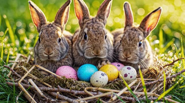 Three brown bunnies huddled together in a twig nest with vibrant speckled Easter eggs on a sunny green lawn, featuring spring festive themes and warm natural outdoor lighting.