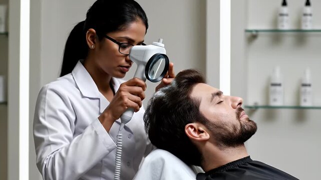 Professional Trichologist Examines Man's Scalp with Magnifying Device in Modern Clinic Setting for Hair Health Assessment