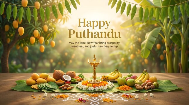 Happy puthandu festival celebration with traditional fruits and decorations outdoors
