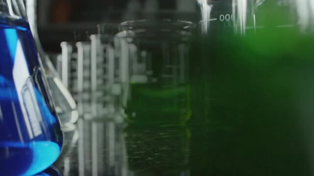 Close-up of laboratory beakers with blue and green liquids, scientific research, chemistry experiment