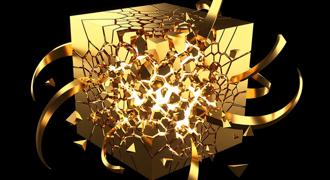 Luxurious Golden Cube Imploding with Fracture and Crack Spreading During Structural Collapse Concept Representing Financial Crash High Detail 3D Render Isolated on Black Background