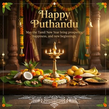 Happy puthandu tamil new year celebration with traditional food and decorations