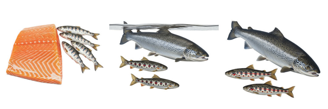 Atlantic Salmon Life Cycle with Fry and Fillet Isolated on White Background - Salmo Salar Fish Biology, Parr and Smolt Stages, Seafood Nutrition, and Marine Nature Science Illustration