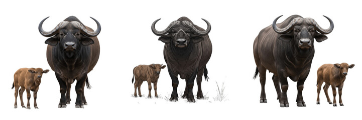 African Cape Buffalo with Calf Isolated on White Background - Savannah Wildlife Photography Featuring Syncerus Caffer Mother and Baby, Big Five Safari Animals, and Nature Illustration © Muusop