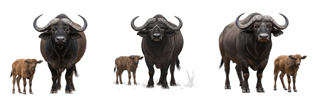 African Cape Buffalo with Calf Isolated on White Background - Savannah Wildlife Photography Featuring Syncerus Caffer Mother and Baby, Big Five Safari Animals, and Nature Illustration