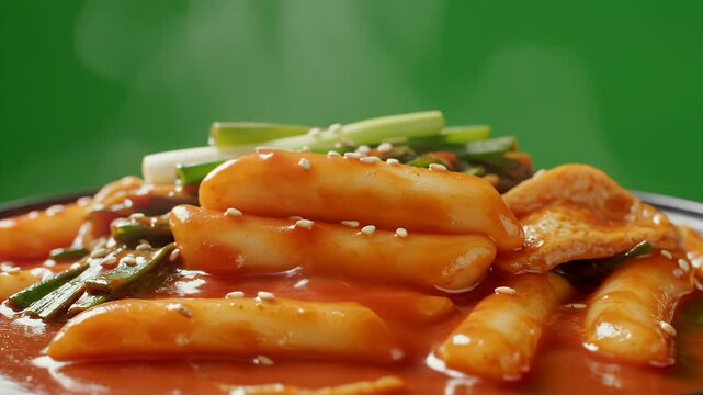 Spicy Korean Tteokbokki Rice Cakes in Savory Red Sauce Garnished with Sesame Seeds and Scallions served in a Black Bowl with a Vibrant Green Background