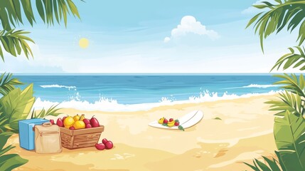 Obraz premium 3.Cheerful seaside cartoon view including picnic gear, cool box, fruit-filled basket, lounging area on smooth sand, surfboard silhouette, gentle waves in shallow water, sunlit ambience expressing