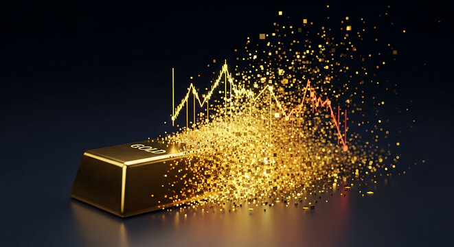 Solid gold bullion ingot disintegrating into glowing digital pixels representing a shift in global economy and financial devaluation on a dark background concept of crypto transition.