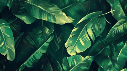 Obraz premium 15.Modern tropical leaf illustration showing layered textures, deep greens mixed with lighter sunlit accents, serene and refreshing vibe, seamless vector background for nature-inspired layouts.