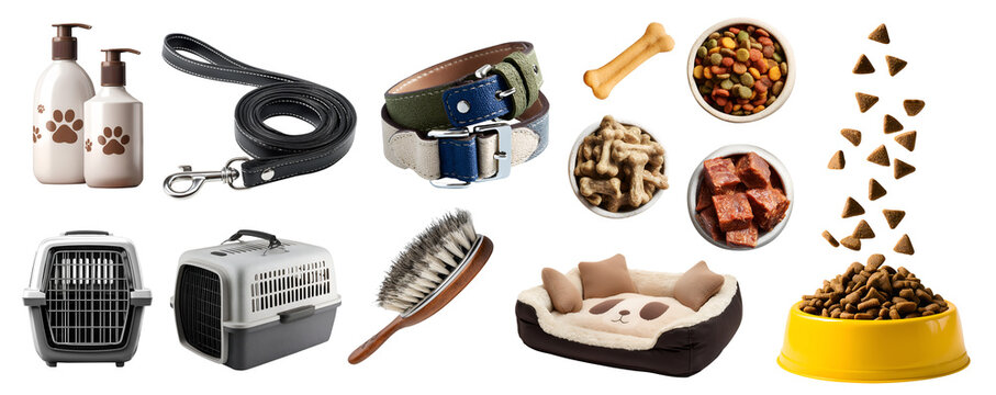Set of basic Supplies essential must-have necessity for pet animal dog cat kitten puppy, carrier leash collar bed, kibbles meat food bowl, brush shampoo wash, transparent cutout PNG. Mockup template
