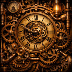 Obraz premium Detailed steampunk art showcasing interlocking brass and copper gears and mechanical parts with an industrial design.