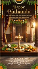 Obraz premium Happy puthandu celebration with traditional indian decorations and food