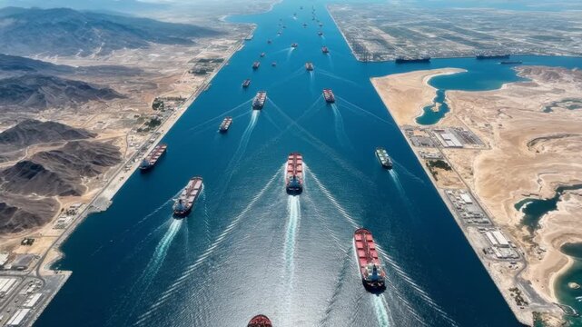 Aerial of Cargo Ship Convoy Navigating Suez Canal