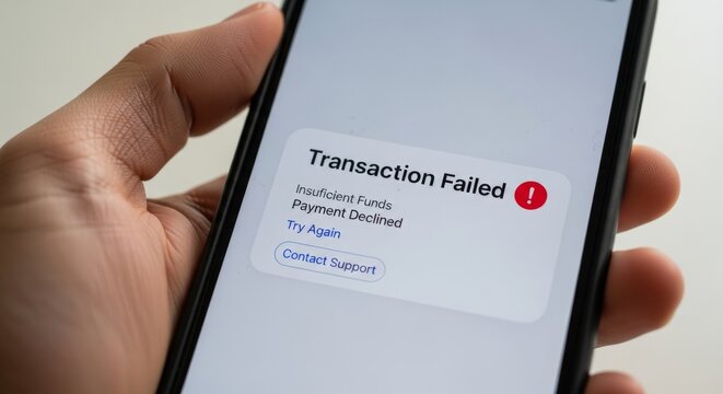 Mobile transaction failed notification on a smartphone displaying insufficient funds