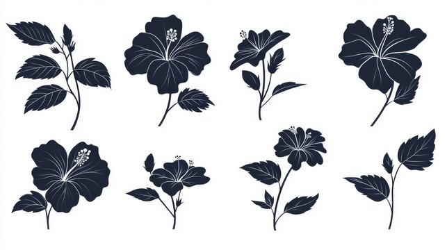 69.Minimal silhouette set featuring hibiscus blossoms and buds, high-contrast vector shapes, smooth flowing lines, refined decorative icons for warm-season designs.