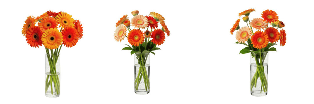 Orange and Peach Gerbera Jamesonii Daisy Flower Bouquet Collection in Glass Vases Isolated on White Background for Decoration Summer Floral Arrangement Botanical Blossom Set Plant