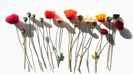 Naklejka premium 76.Concept = overhead of a cluster of poppy and ranunculus stems with no leaves on a white background and cast shadows with room for copy