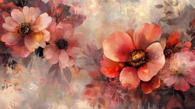 84.Artistic floral composition combining acrylic brush textures, pencil details, and delicate botanical overlays, showcasing blooming summer flowers in dynamic organic shapes and rich warm hues.