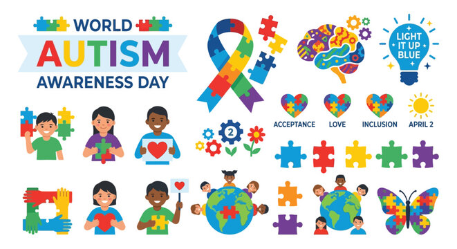 Celebrating world autism awareness day with colorful illustrations and symbols