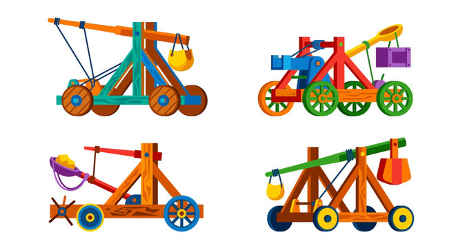 Colorful illustrations of medieval siege engines including trebuchets and ballistae