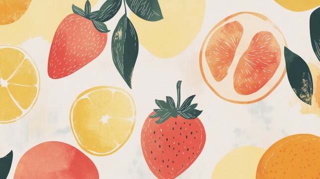92.Modern fruity art print with whimsical outlines of lemons, strawberries, peaches, and oranges, combined with muted color patches, imperfect strokes, and a clean, balanced layout suitable for decor